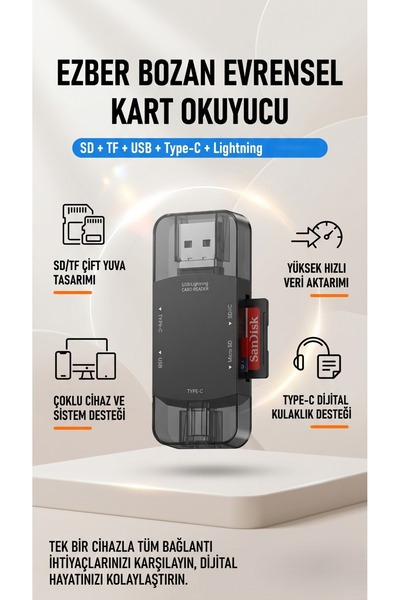 asua 4’ü1 Arada SD TF Kart Okuyucu USB Type-C Lightning Uyumlu Yüksek Hızlı V...