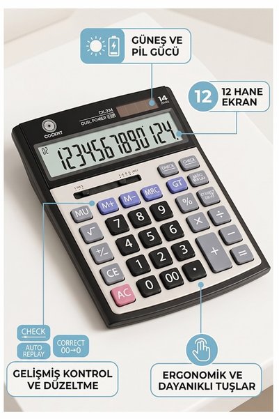 Artlantis Hesap Makinesi Siyah Gri 15x19.5 cm 1 Adet Cockpıt Ck-534 12 Haneli Büyük Boy Hafızalı Ofis Büro Mas