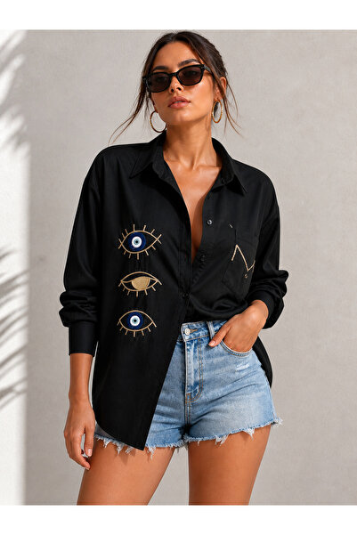 BLUSS Göz Nakışlı Oversize Salaş Kadın Gömlek Cep Detaylı