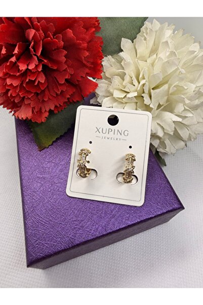 XUPING JEWELRY KUYUMCU SERİ 14K RENGİ ZİRKON TAŞLI X SEMBOL ÇELİK KÜPE