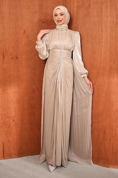 İmajButik Beige Stone Detailed Draped Janjan Evening Dress