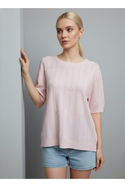venezia giyim Women's Crew Neck Knit Detailed Short Sleeve Premium Knitwear Oversize Sweater// V12464