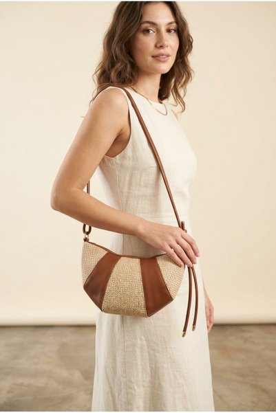 Baguar Croissant Model Hand and Shoulder Bag with Straw Detail and Adjustable Strap