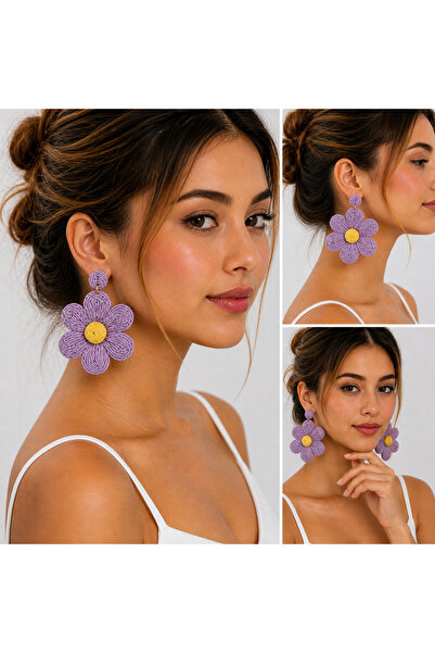 synshop Purple Lilac Zarax Model Women's Flower 5cm Earrings Straw Large Size...