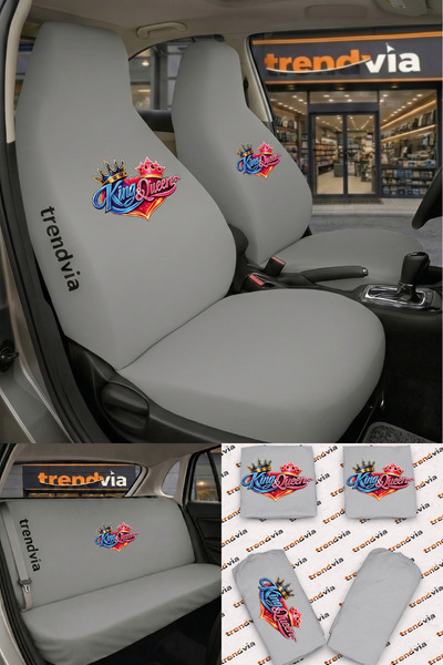 trivexa King & Queen Logo Car Seat Cover Front Rear Set – Combed Cotton Lycra...