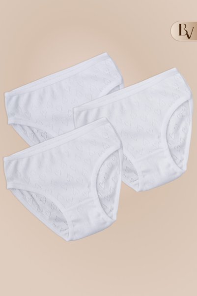 Bella Veza 100% Cotton Girls' Slip Panties with Heart Pattern, White Color, 3 Pieces