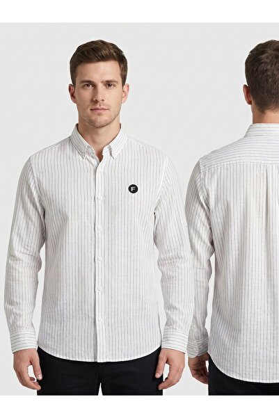 FUSARO Keten Pamuklu Slim Fit Çizgili Erkek Gömlek - Kolay Ütülenebilir Nefes...