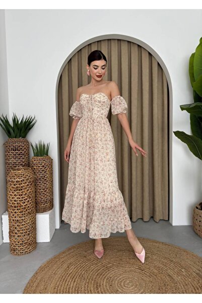 EtikaOnline Romantik Bej Floral Midi Elbise Straplez Yaka Düşük Omuz Yazlık K...