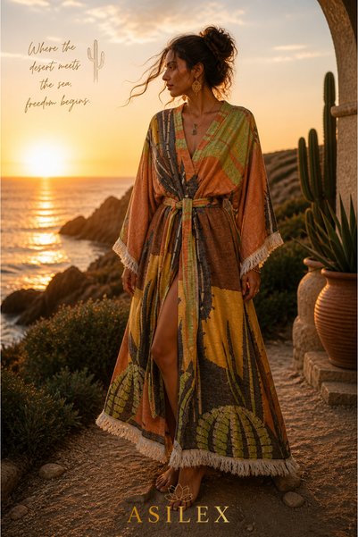 Asilex Home Collection Cactus Patterned Oversize Muslin Kimono, 100% Cotton, Breathable, Light and Comfortable Premium, Beach and Resort
