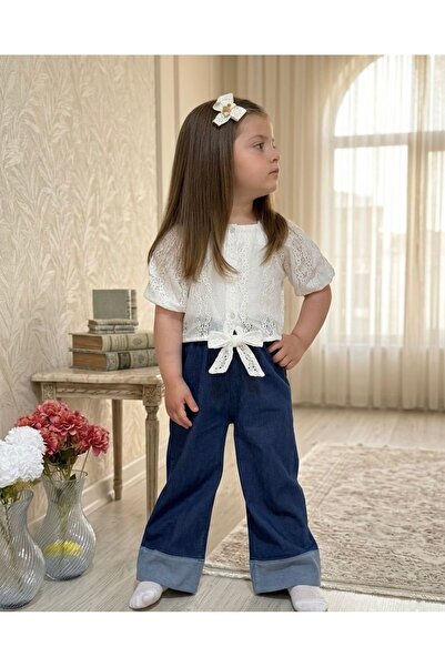 RÜYA KİDS Girl's Festive Denim Pants and Laced Top Set