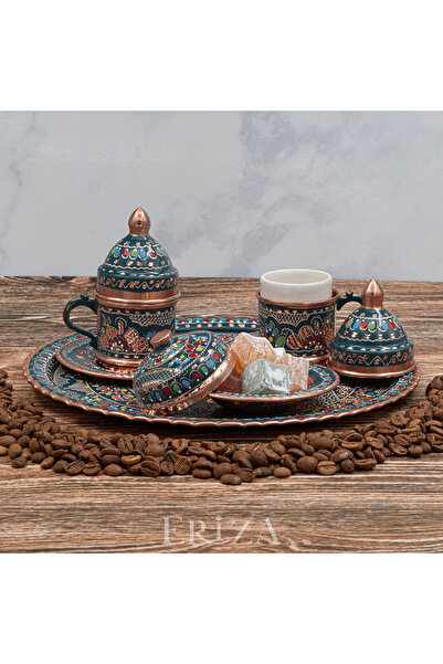 ERİZA Special Presentation Set with 4 Cups, Tray, and Turkish Coffee Cups, Handcrafted Copper Coffee Set