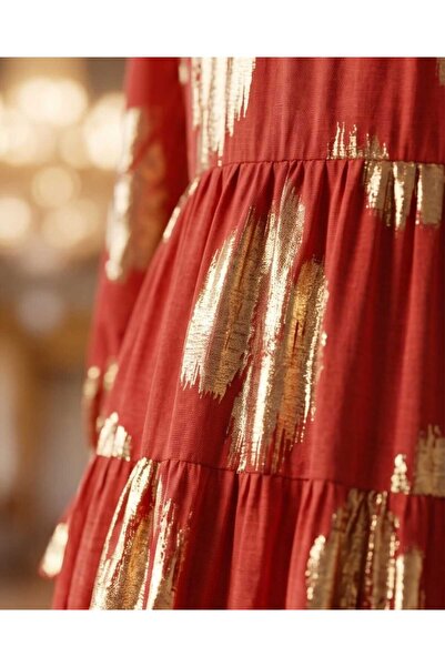 İthal Women's Ethnic Patterned Glittery Bohemian Long Dress - Orange Gold Detailed Bohemian Style