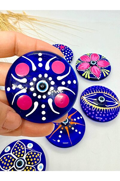 Azrua Yaldızlı El Boyaması Pembe Çiçekli Desenli Nazar Boncuklu Magnet, Dekor...