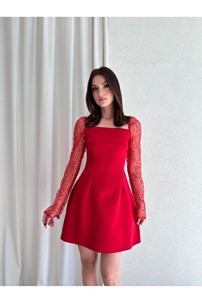 Klex Square Neckline Sequin Embroidered Tulle Sleeves Mini Dress 5029
