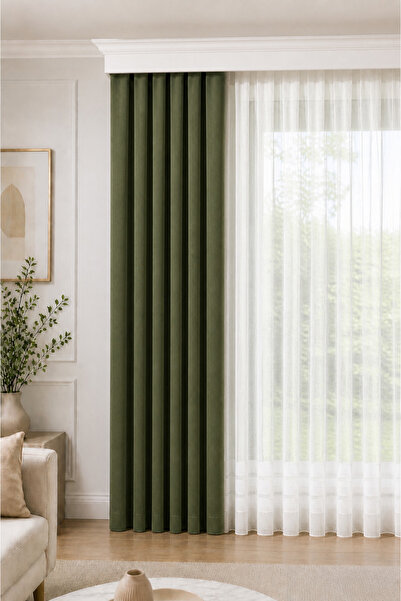 BURCIN HOME 1/3 Sık Pileli Fon Perde Haki 80x250 cm (260/270 cm) Tek Kanat So...