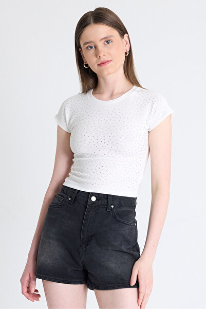 Taş Detaylı Slim Fit Crop Tişört