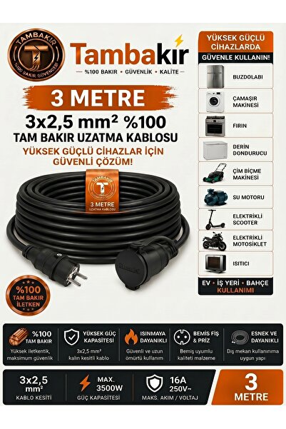 r Rosso Levanto Çamaşır Makinası İçin Uzatma Kablosu, 3m, Tekli Fiş Priz Kauç...