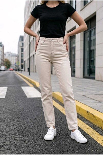 mooishan Daniela Krem Mom Yüksek Bel Likralı Kadın Kot Jeans Yeni2026