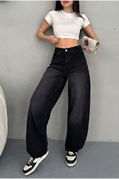 Genel Markalar Eskitme Siyah - Wide Leg Baggy Kot Pantolon