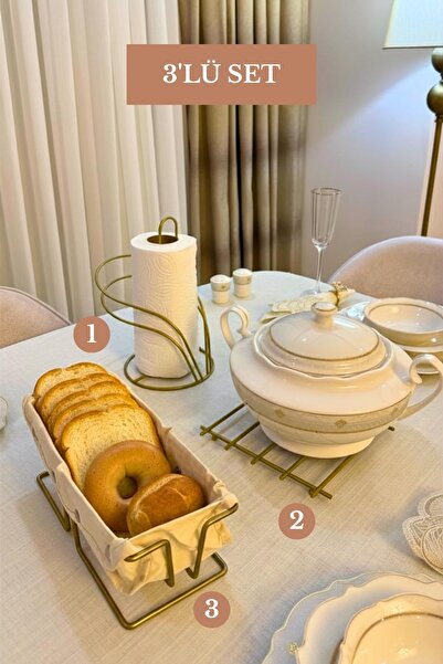 Edora Home 3’lü Set Mat Gold Dikdörtgen Ekmek Sepeti Nihale Kuğu Peçetelik Mu...