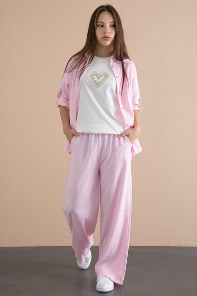 CansınMini Pink Stripe Patterned Shirt and Wide Leg Pants, Girl's 3-Piece Set 24078