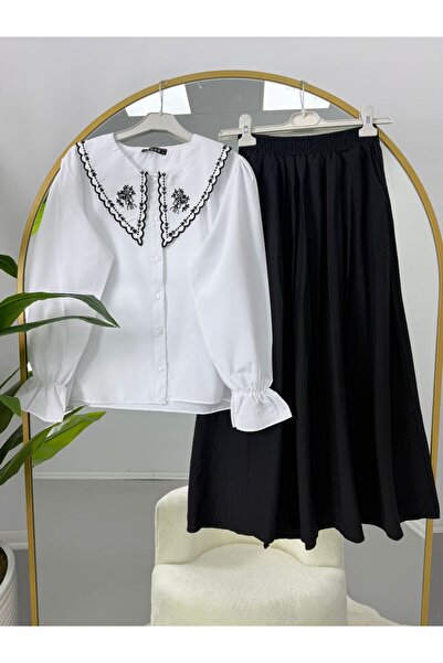 VOLT CLOTHİNG Nakışlı Bebe Yaka Bluz Jakar Etekli Takım
