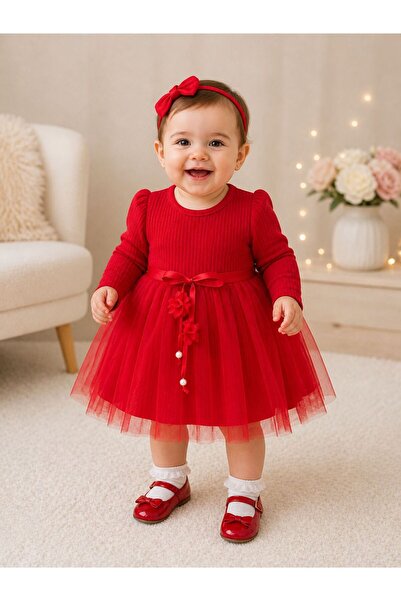 Lina Baby Bloom Kız Bebek Abiye Elbise Kırmızı Tüllü Fiyonk ve Çiçek Detaylı ...