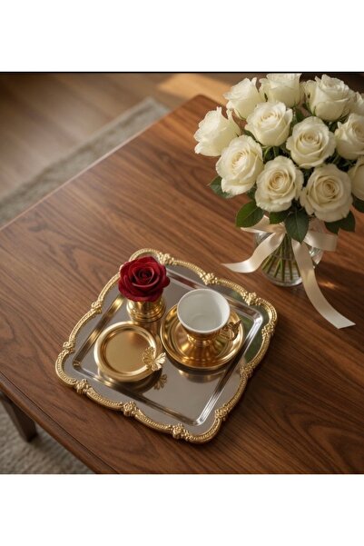 Çiçek Damat Kahve Tepsisi Gold Kare