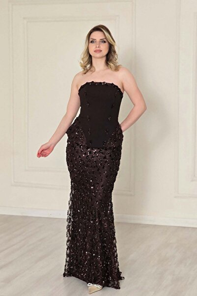 Yonca Moda Evi Kahverengi Pullu Korseli Abiye 7022
