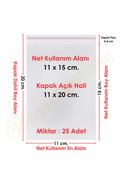 posetambalaj ambalaj ürünleri 11x15+5 cm.(11x20) 25 Adet Şeffaf Bantlı Yapışk...