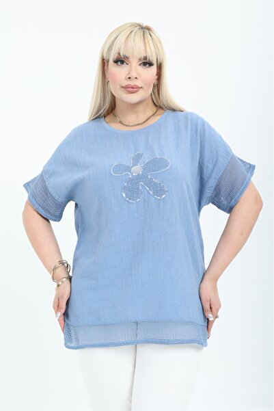 fashioncity.tr keten bluz %100 keten çiçek aplikeli