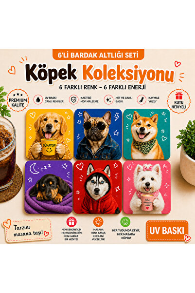 Migure 6'lı Bardak Altlığı Seti Saklama Kutulu - Köpek Koleksiyonu