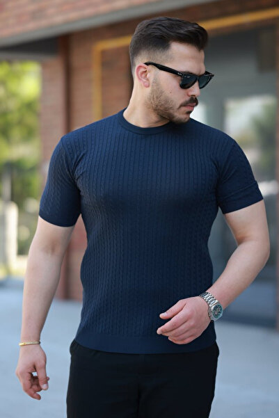 Efnaz style Men's Crew Neck Knit Patterned Short Knitted Knitwear Short Sleev...