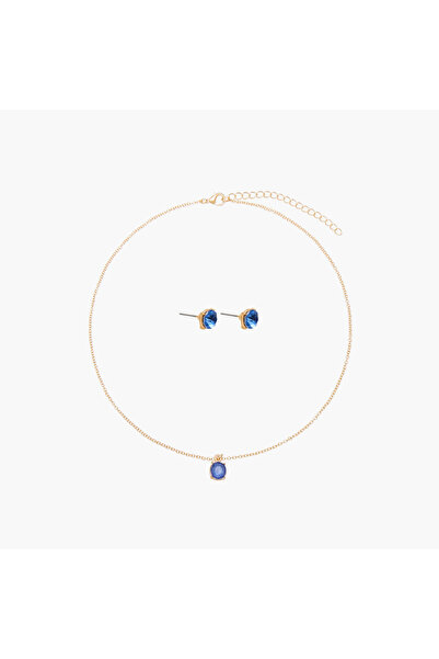 Lifestyle Set of 2 - Gold Tone Stone Embellished Pendant Necklace and Earrings