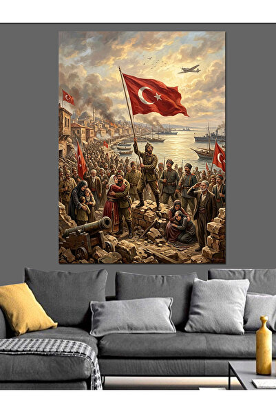 Tablo Mega Türk Bayrağı Tutan Atlı Süvari Dekoratif Kanvas - Mdf Ahşap Tablo