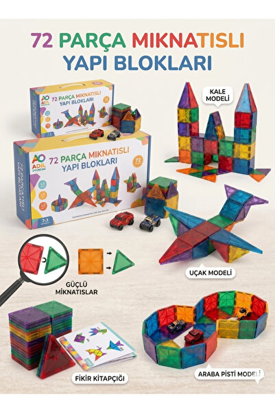 ADİL OYUNCAK 72 Parça Manyetik Yapı Blokları | Montessori Eğitici Oyuncak | 3...