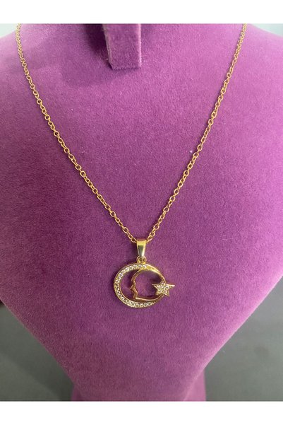 LUXENYA DESİGN 316L Stainless Steel Moon Star Ataturk Silhouette Zircon Stone Gold Color Women's Necklace