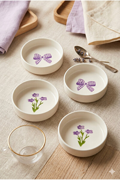 Papart Lila Gift 4’lü Seramik Kase Seti 10 Cm Çiçek Desenli Çerezlik ve Sosluk
