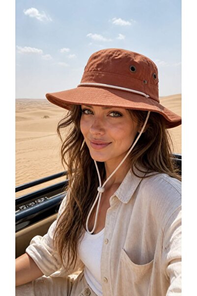 BALIENTE Pălărie de damă tip Safari Bucket, din in maro, cu șnur reglabil