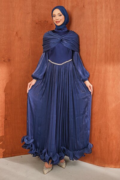 İmajButik فستان سهرة باللون الأزرق الداكن مع تفاصيل على الكتف وتنورة مكشكشة