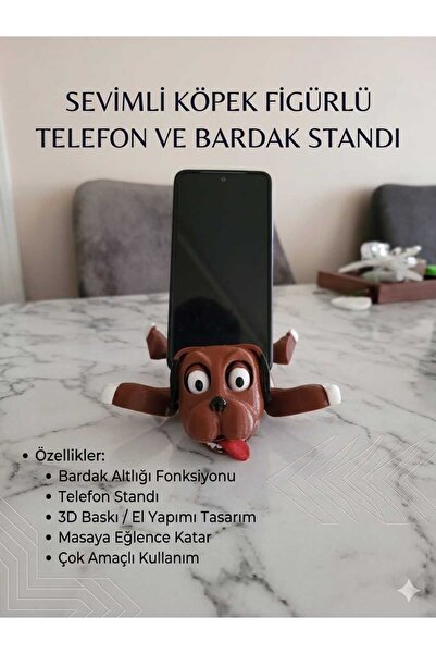 Alse3D Sevimli Köpek Figürlü 2'si 1 Arada Telefon Standı ve Bardak Altlığı - ...