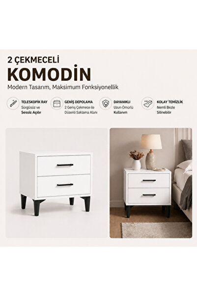ENG AHŞAP Beyaz 2 Çekmeceli Ayaklı Komodin - Modern Yatak Odası Komodini 60x6...