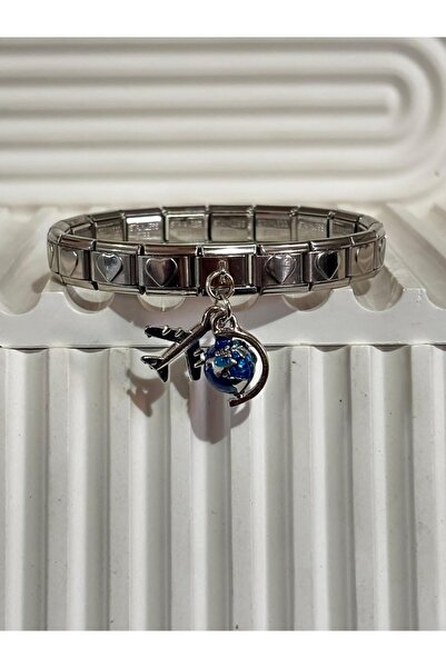 bijoux uniques kalpli çelik italyan dünya uçak charmlı bileklik