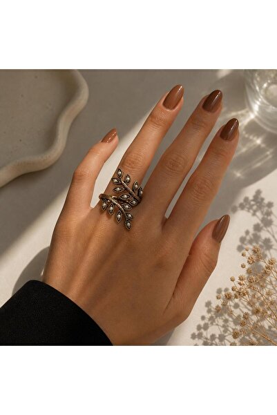 Ceso Accesories Vintage İnci Yaprak Ayarlanabilir Bronz Yüzük