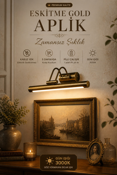 luxshome Pilli Eskitme Gold LED Duvar Apliği 3000K Gün Işığı Tablo Üstü Aydın...