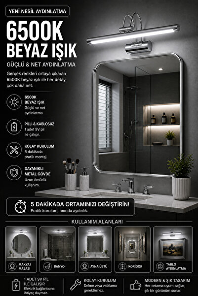 luxshome Pilli Krom LED Duvar Apliği 6500K Beyaz Işık Ayna Üstü Banyo Aydınla...