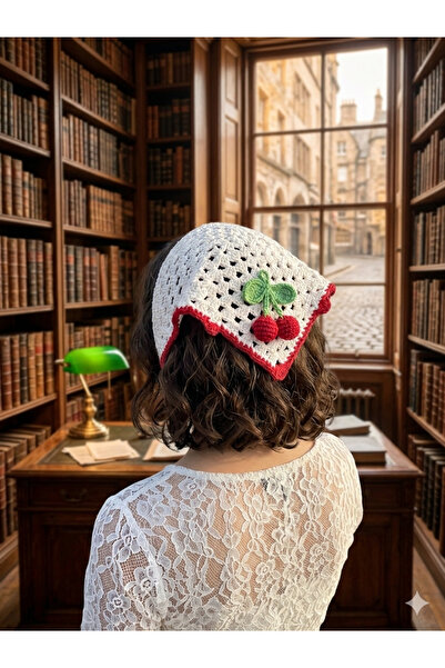 Patiska Tasarım 100% Cotton Cherry Knitted Hair Bandana - Handmade Retro Hair...