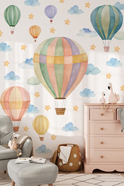 MSticker Pastel Balon Duvar Sticker Seti L XL Boy Çocuk Bebek Odası Bulut Yıldız Duvar Dekoru