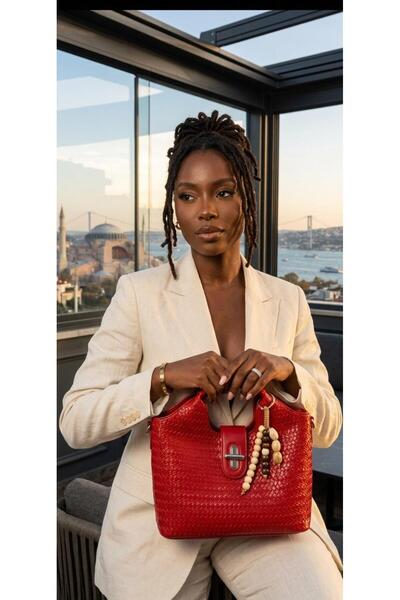 Karşıyaka Bijuteri Red Knitted Patterned Leather Hand and Shoulder Bag - Cros...