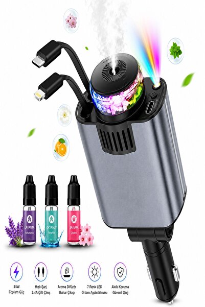 ULTRATEKNO C7 Araç Şarj Cihazı 5in1 45W Hızlı Şarj Oto Parfüm Difüzör Type-C ...